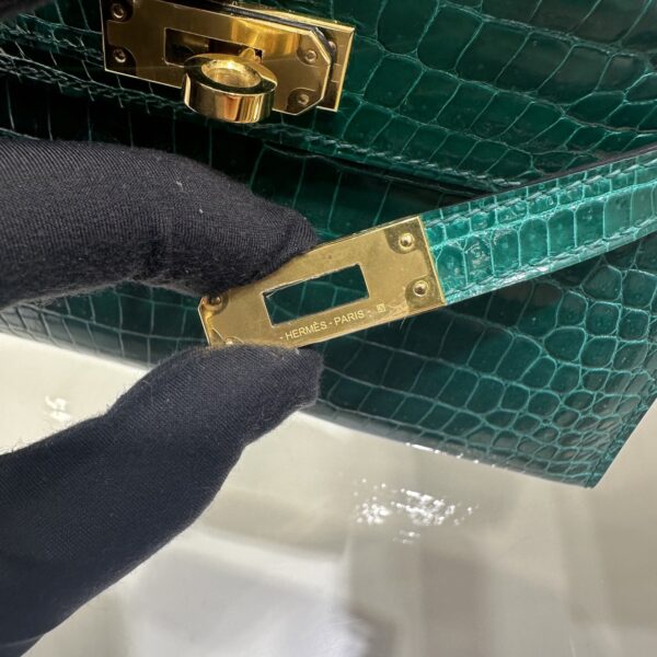 Old Cobbler Factory Mini Kelly Shiny Alligator Crocodile Emerald Green Gold Hardware 19cm Full Handmade