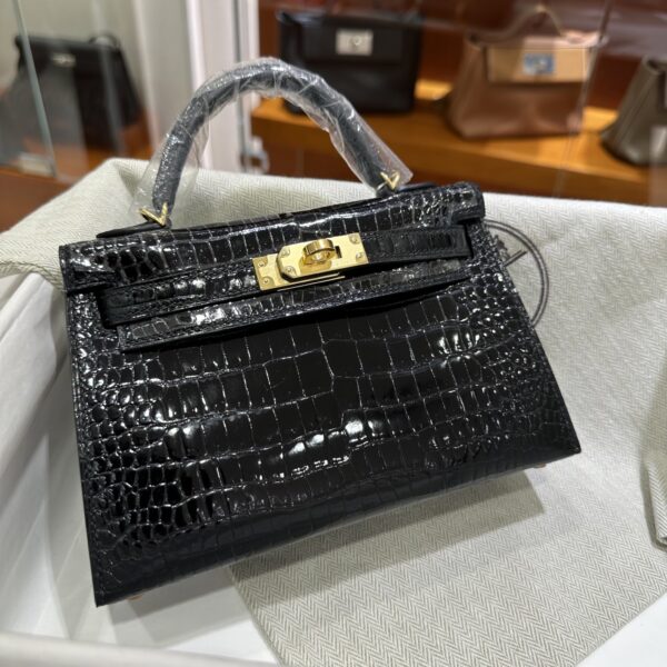 Old Cobbler Factory Mini Kelly Shiny Porosus Crocodile CK89 Black Gold Hardware 19cm Full Handmade