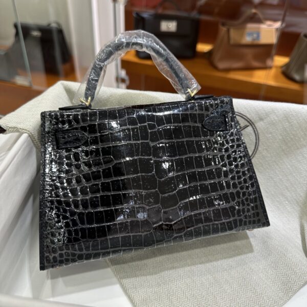 Old Cobbler Factory Mini Kelly Shiny Porosus Crocodile CK89 Black Gold Hardware 19cm Full Handmade