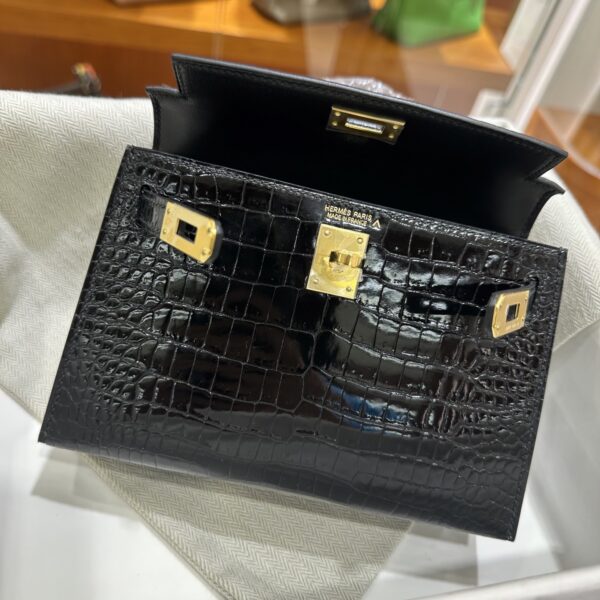 Old Cobbler Factory Mini Kelly Shiny Porosus Crocodile CK89 Black Gold Hardware 19cm Full Handmade