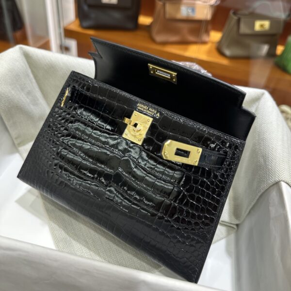 Old Cobbler Factory Mini Kelly Shiny Porosus Crocodile CK89 Black Gold Hardware 19cm Full Handmade