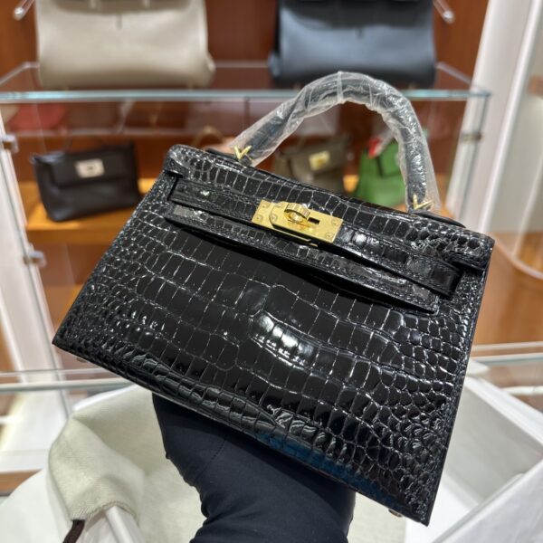 Old Cobbler Factory Mini Kelly Shiny Porosus Crocodile CK89 Black Gold Hardware 19cm Full Handmade