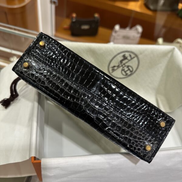 Old Cobbler Factory Mini Kelly Shiny Porosus Crocodile CK89 Black Gold Hardware 19cm Full Handmade