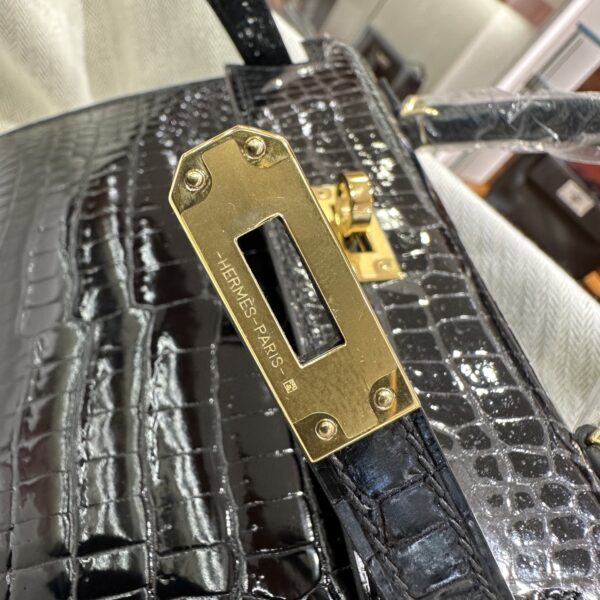 Old Cobbler Factory Mini Kelly Shiny Porosus Crocodile CK89 Black Gold Hardware 19cm Full Handmade