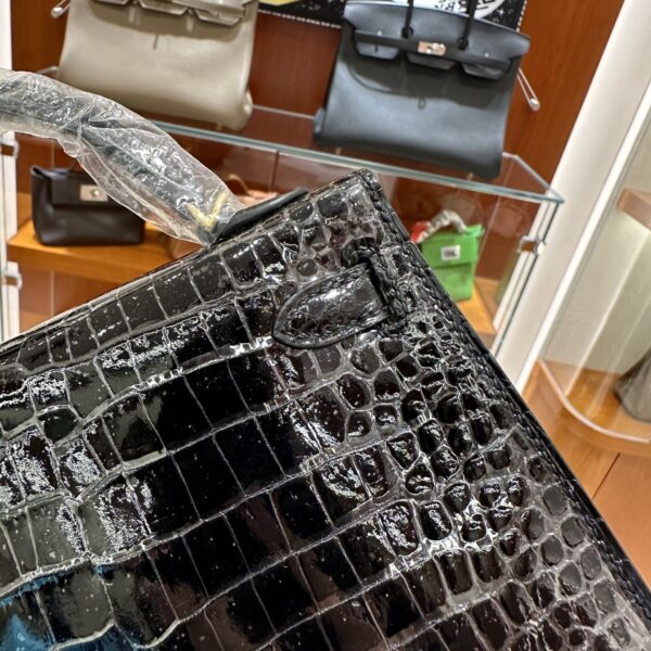 Old Cobbler Factory Mini Kelly Shiny Porosus Crocodile CK89 Black Gold Hardware 19cm Full Handmade