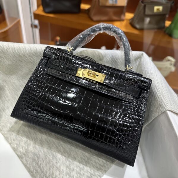 Old Cobbler Factory Mini Kelly Shiny Porosus Crocodile CK89 Black Gold Hardware 19cm Full Handmade