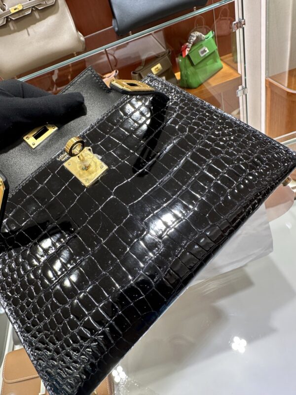 Old Cobbler Factory Mini Kelly Shiny Porosus Crocodile CK89 Black Gold Hardware 19cm Full Handmade