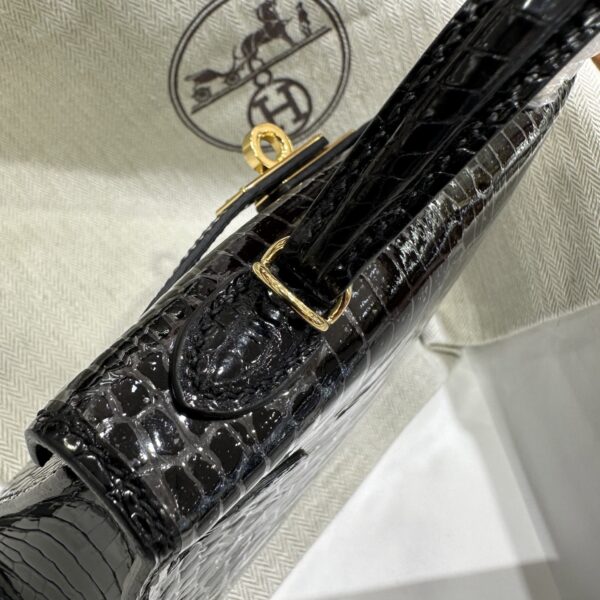 Old Cobbler Factory Mini Kelly Shiny Porosus Crocodile CK89 Black Gold Hardware 19cm Full Handmade