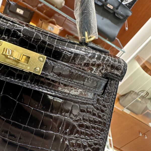 Old Cobbler Factory Mini Kelly Shiny Porosus Crocodile CK89 Black Gold Hardware 19cm Full Handmade