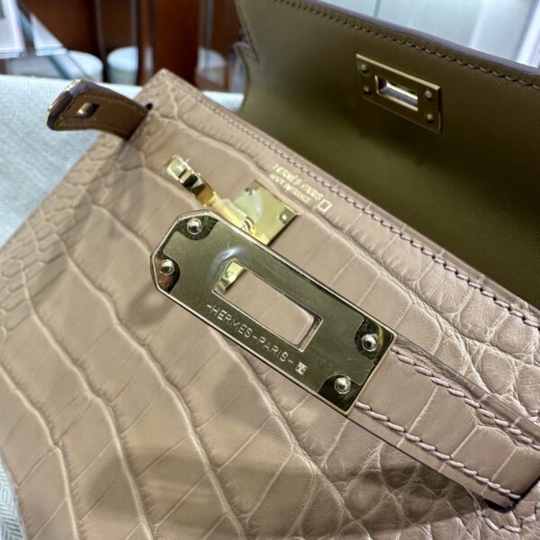 Old Cobbler Factory Mini Kelly Matte Alligator Crocodile 0M Tea Khaki Gold Hardware 19cm Full Handmade
