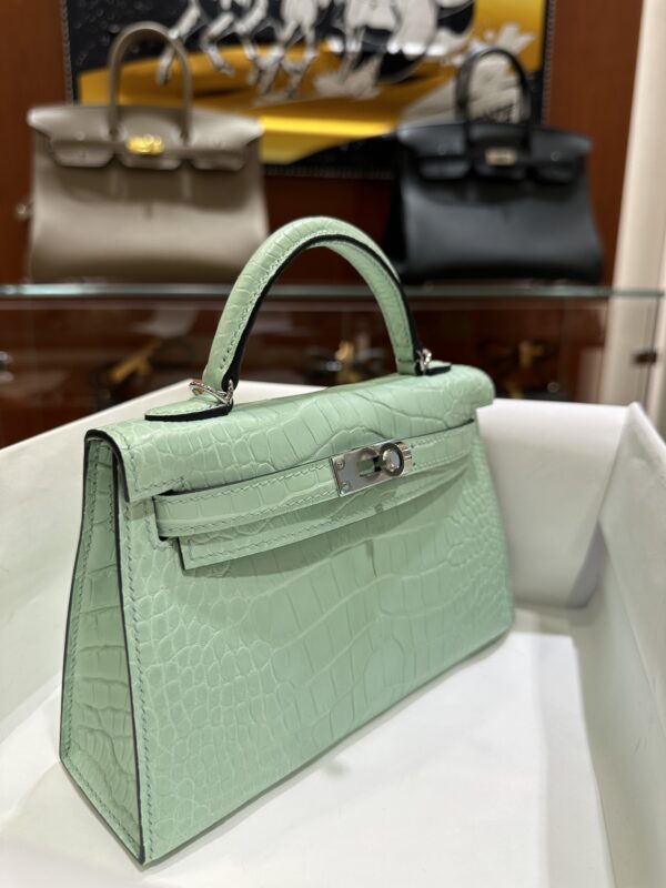 wsxc1784135890900_6 Old Cobbler Factory Mini Kelly Matte Alligator Crocodile 6U Mint Green Silver Hardware 19cm Full Handmade