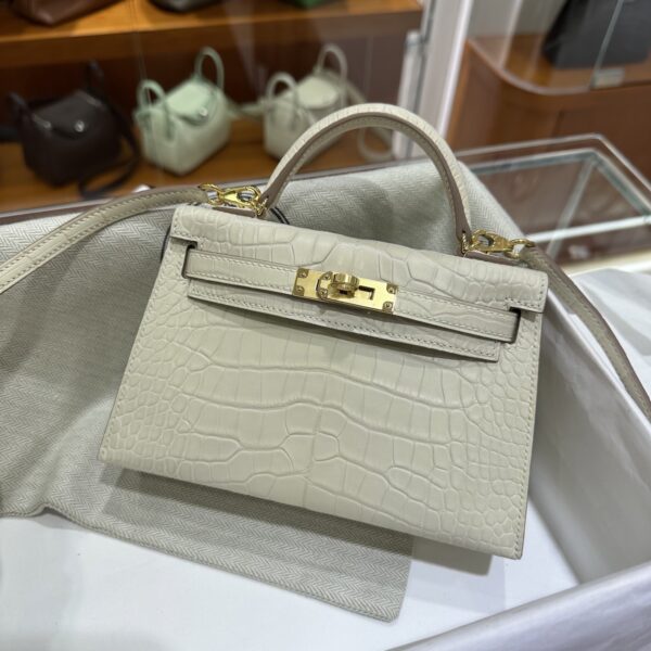 wsxc1784136045667_0-1 Old Cobbler Factory Mini Kelly Matte Alligator Crocodile i2 Cream White Gold Hardware 19cm Full Handmade