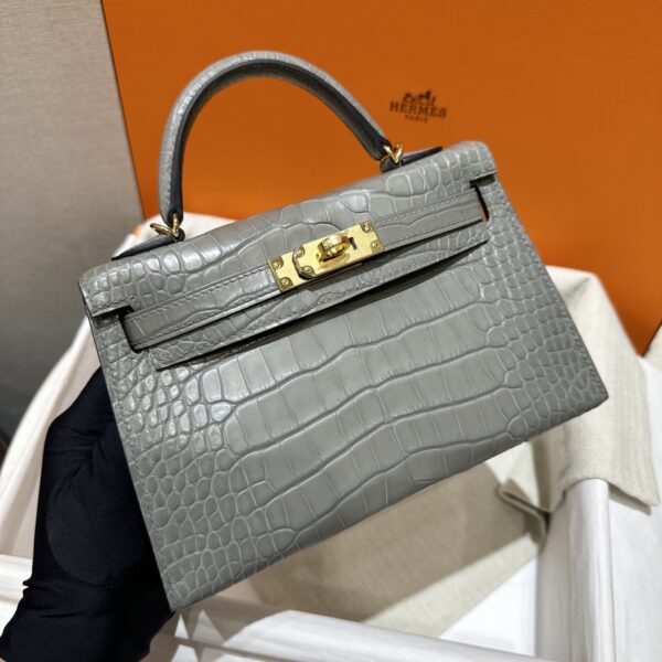 wsxc1784136234948_0-1 Old Cobbler Factory Mini Kelly Matte Alligator Crocodile 0V Gris Grey Gold Hardware 19cm Full Handmade