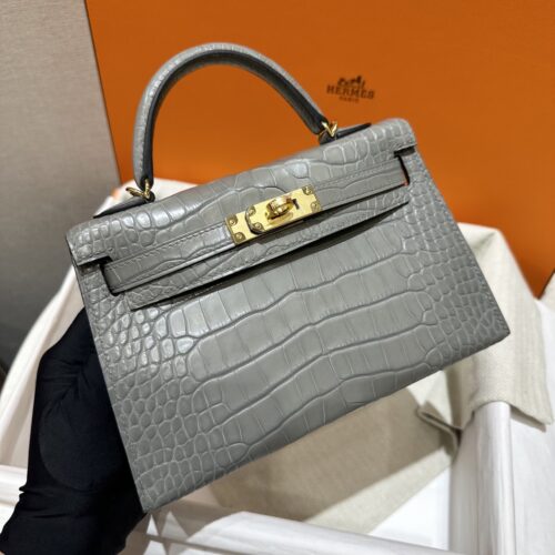 wsxc1784136234948_0 Old Cobbler Factory Mini Kelly Matte Alligator Crocodile 0V Gris Grey Gold Hardware 19cm Full Handmade