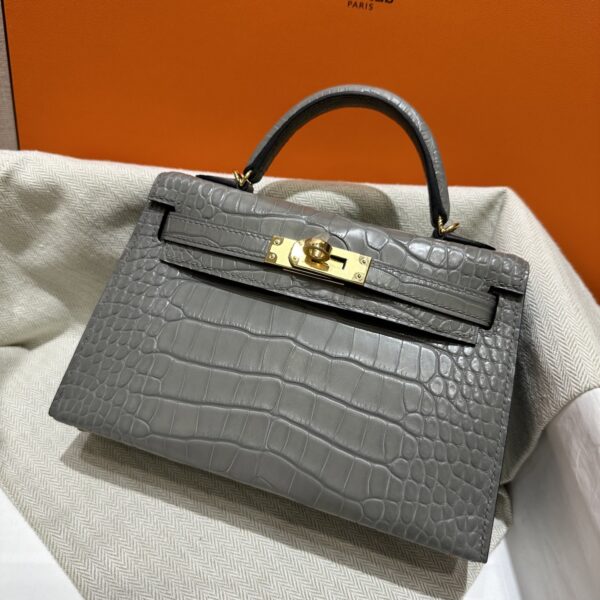 wsxc1784136234948_3 Old Cobbler Factory Mini Kelly Matte Alligator Crocodile 0V Gris Grey Gold Hardware 19cm Full Handmade