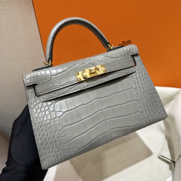 wsxc1784136234948_9 Old Cobbler Factory Mini Kelly Matte Alligator Crocodile 0V Gris Grey Gold Hardware 19cm Full Handmade