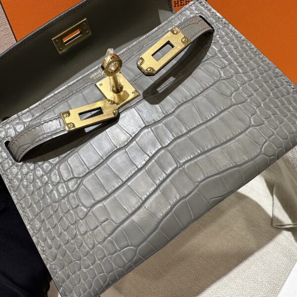 wsxc1784136235059_12 Old Cobbler Factory Mini Kelly Matte Alligator Crocodile 0V Gris Grey Gold Hardware 19cm Full Handmade