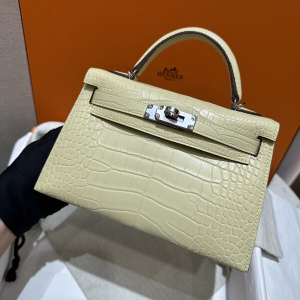 wsxc1784136270404_3 Old Cobbler Factory Mini Kelly Matte Alligator Crocodile Y1 Vanilla Yellow Silver Hardware 19cm Full Handmade