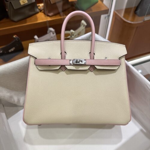 wsxc1790587202813_0 Old Cobbler Birkin Chevre Leather Cream White & Sakura Pink Silver Hardware 25cm Full Handmade