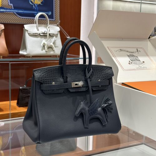 Old Cobbler Birkin Touch Togo & Matte Alligator Crocodile Deep Blue Silver Hardware 25cm Full Handmade