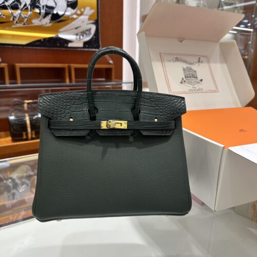 wsxc1792079149177_0 Old Cobbler Birkin Touch Togo & Matte Alligator Crocodile Cypress Green Gold Hardware 25cm Full Handmade